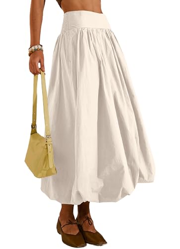 Women's Bubble Long Skirt Elastic Waist A-Line Pleated Ruffle Flowy Balloon Maxi Skirts with Pockets