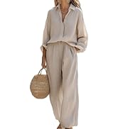 Rianclud Linen Sets for Women 2 Piece Summer Outfits Matching Lounge Sets Long sleeve Button Down...