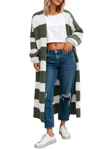 Saodimallsu Womens Striped Long Cardigan Sweaters Open Front Oversized Chunky Fuzzy Knit Fall Duster Sweater Coats