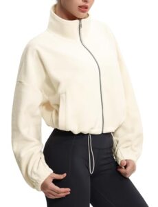 THE GYM PEOPLE Women's Fleece Cropped Jacket Full Zip Stand Collar Workout Short Sherpa Coats with Pockets Drawstring Hem