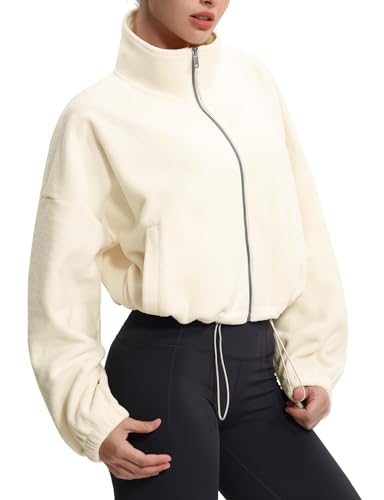 THE GYM PEOPLE Women's Fleece Cropped Jacket Full Zip Stand Collar Workout Short Sherpa Coats with Pockets Drawstring Hem