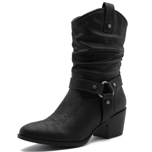 GLOBALWIN Women's Mid Calf The Western Cowgirl Boots Fashion Cowboy Boots For Women Chunky Low Heel