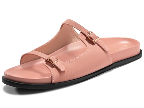 Coutgo Womens Flat Sandals Comfortable Wide Width Slides Double Strap Adjustable Buckle Slip on Shoes