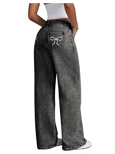 Floerns Women's Bowknot Embroidery Jeans Y2k Straight Leg Boyfriend Denim Pants