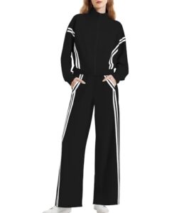 Casly Lamiit Women's 2 Piece Lounge Outfits Zip Up Sweat Set Contrast Striped Wide Leg Jogging Pants Travel Track Sui
