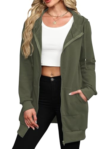 Locryz Women's Zip Up Hoodies Long Tunic Sweatshirts Oversized Fleece Sweatshirt Long Hoodie Fall Jacket Coat with Pocke