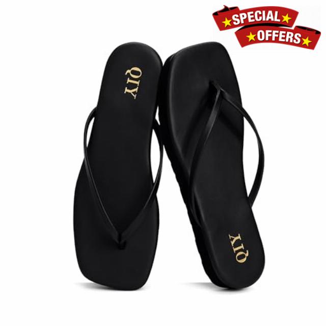 QIY Flip Flops for Women Square Toe Platform Sandals Slides | Memory Foam Insole - Lightweight and Comfortable