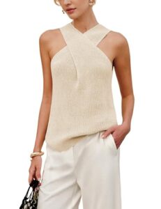 Yeokou Women Halter Cross Over Collar Tank Knit Sleeveless Top Solid Color Casual Summer Blouse