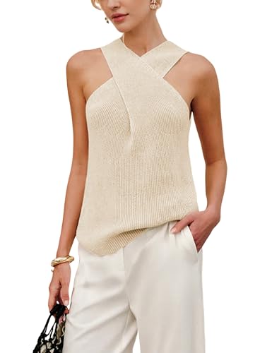 Yeokou Women Halter Cross Over Collar Tank Knit Sleeveless Top Solid Color Casual Summer Blouse