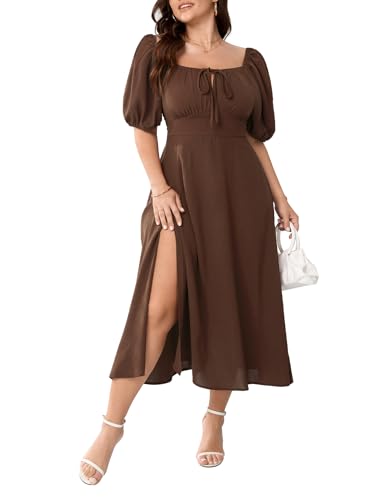 Women's Plus Size Summer Milkmaid Dress Short Sleeve Square Neck Tie Front Split A-Line Maxi Milk Maid Dress