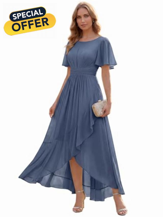 Ever-Pretty Women's Short Sleeves Summer Semi Formal Wedding Guest Dresses Spring Chiffon High-Low Bridesmaid Dress 02708