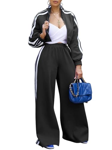 Sweatsuits Women 2 Piece Outfit Striped Tracksuit Long Sleeve Zipper Crop Jacket Wide Leg Sweatpants Se