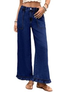 Astylish Wide Leg Jeans for Women Stretch High Wasited Baggy Trendy Denim Jean Ruffle Hem Pants
