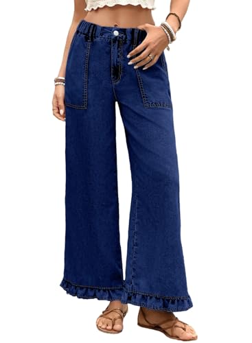Astylish Wide Leg Jeans for Women Stretch High Wasited Baggy Trendy Denim Jean Ruffle Hem Pants