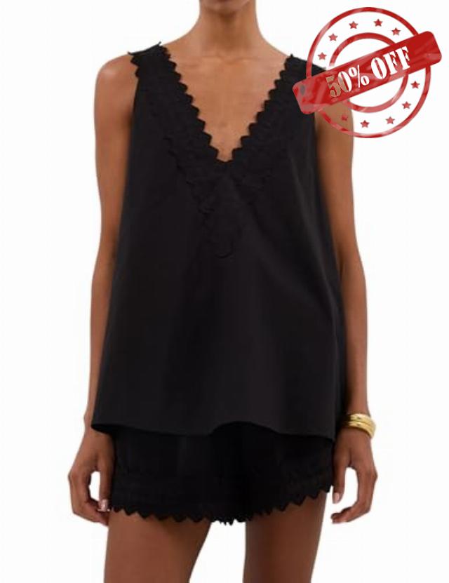 Women 2 Piece Lounge Sets Sleeveless V Neck Lace Trim Tank Top and Shorts Boho Casual Summer Vacation Outfi