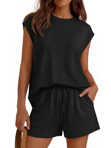 LILLUSORY Womens Crew Neck Cap Sleeve Drawstring Two Piece Summer short Sets Sweatsuit with Pockets