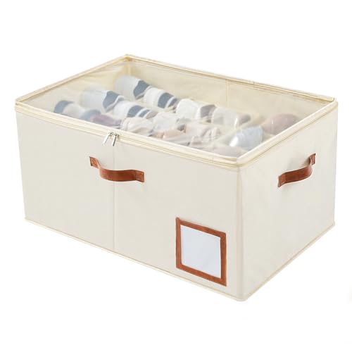 Large Foldable Shoe Storage Containers Box Bin w/Adjustable Dividers and Clear Cover