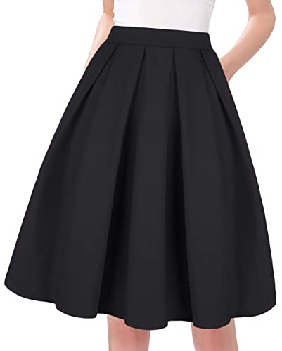 Tandisk Women's Vintage A-line Printed Pleated Flared Midi Skirt with Pockets