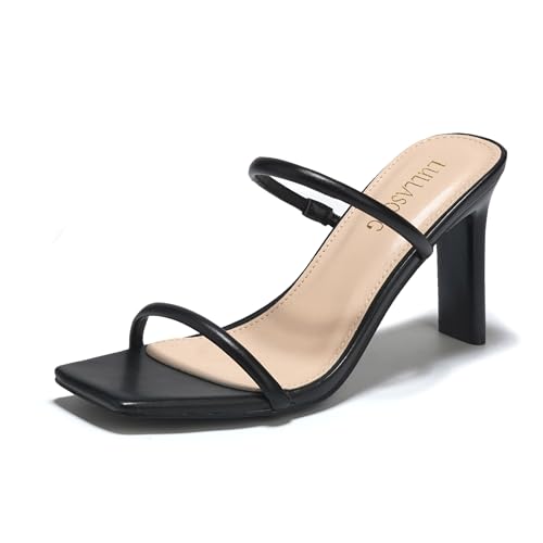 LULLASONG Women's Heels Sandals Block Chunky Mid Heels Slip On Slides 3.5 Inch Heeled Square Open Toe Sandals for Wome