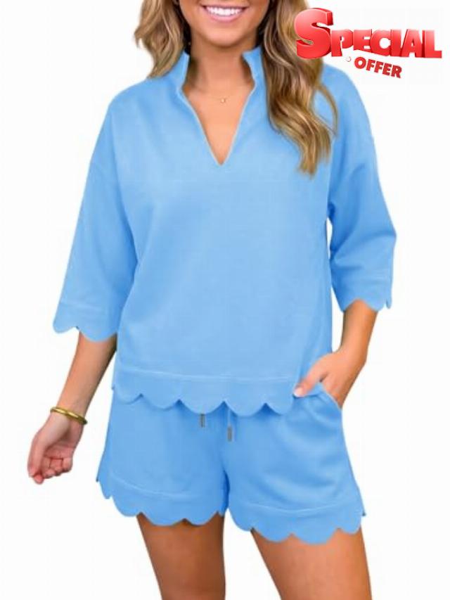 Fisoew Womens 2 Piece Outfits Short Sets 3/4 Sleeeve Sweatshirts V Neck Matching Lounge Sets Casual Shorts Tracksuits