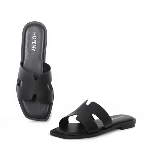Womens Slip On Flat Sandals Soft Leather Open Toe Slide for Summer Dressy