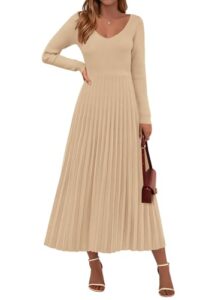 PRETTYGARDEN Women Sweater Dress Fall Fashion 2026 Long Sleeve V Neck Ribbed Knit Pleated A Line Elegant Maxi Winter Dresses