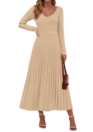 PRETTYGARDEN Women Sweater Dress Fall Fashion 2026 Long Sleeve V Neck Ribbed Knit Pleated A Line Elegant Maxi Winter Dresses