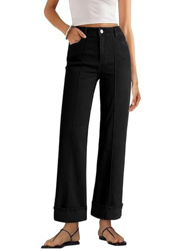 Sidefeel Women's Wide Leg Cuffed Jeans High Waisted Baggy Stretchy Denim Pants with Pockets
