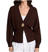 Verdusa Women's Button Up Hooded Cardigan Sweaters Lantern Sleeve Knit Outerwear Fall Outfits