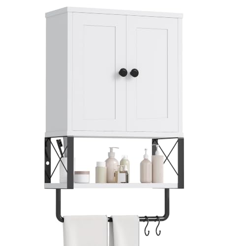 White Medicine Cabinet with Towel Rack | 2 Doors & Adjustable Shelves 2 Hooks