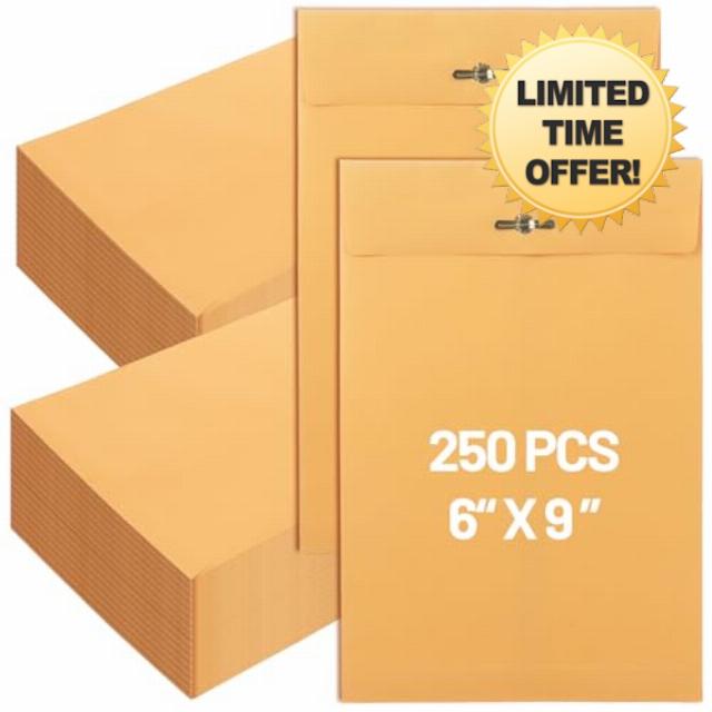 WOPPLXY 250 Pcs 6 x 9 Inch Clasp Envelopes