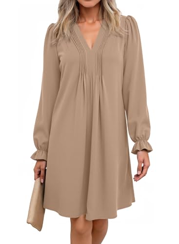 Dokotoo Womens Casual Dress A-Line Ruffle Sleeve V Neck Midi Dress 2025 Fashion Pleated Flowy Sundress Loose Shirt Dresses