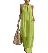 Rianclud Linen Jumpsuits for Women Dressy Sleeveless Halter Neck Wide Leg Long Pants Rompers Casu...