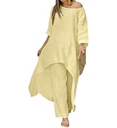 Rianclud 2 Piece Set for Women Casual Outfits Oversized Cotton Linen High-Low Long Sleeve Blouse ...