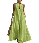 Rianclud Linen Dresses for Women Summer Sleeveless Halter Neck Maxi Dress Travel Beach Vacation D...