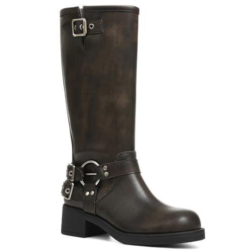 AMINUGAL Knee High Boots Women Square Toe Pull On Wide Calf Riding Fashion Buckles Chunky Metallic Casual Vintage Buckle Rive