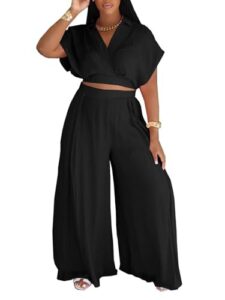 KEYUFANG Women's Summer 2 Piece Outfits Wrap V Neck Crop Top and Wide Leg Pants Sets Casual Vacation Outfits