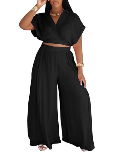 KEYUFANG Women's Summer 2 Piece Outfits Wrap V Neck Crop Top and Wide Leg Pants Sets Casual Vacation Outfits