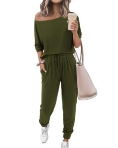 Zenlonr Women Summer 2 Piece Outfits 2026 Off Shoulder Short Sleeve Tops Elastic Waist Drawstring Long Pants Tracksui