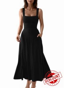 OYS Women's Casual Sleeveless Square Neck A-Line Solid Slim Flowy Long Corset Dress with Pockets