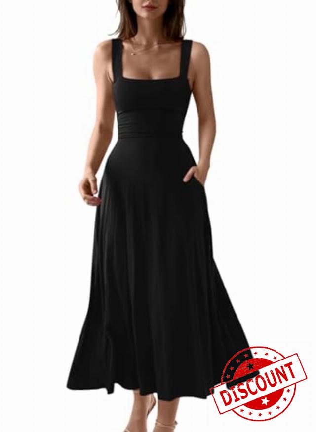 OYS Women's Casual Sleeveless Square Neck A-Line Solid Slim Flowy Long Corset Dress with Pockets