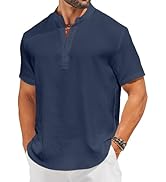 COOFANDY Men's Casual Henley Shirt Short Sleeve Linen Shirt Band Collar Summer Hippie Beach T-Shirts
