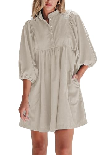 Opemiby Womens Casual Dresses Corduroy Button Up Empire Waist 3/4 Sleeve Fall Winter Mini Babydoll Dress