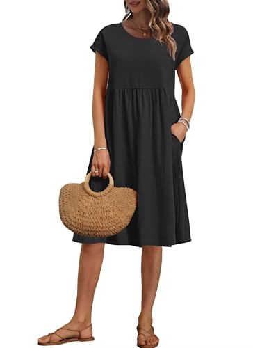 AUSELILY Women's Summer Short Sleeve Knee-Length Dresses Round Neck Loose Dress with Pockets 2026 New