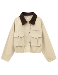 Megfie Womens Cropped Jacket Contrast Collar Utility Coat Cargo Jacket Barn Jacket Outwear with Pockets