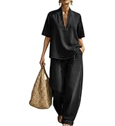 Rianclud Denim Set Women 2 Piece Summer Lounge Sets Short Sleeve V Neck Top Matching Wide Leg Jea...