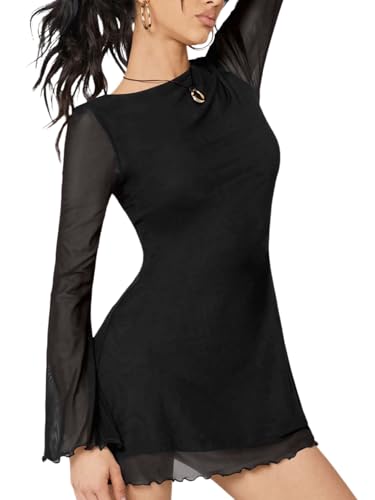 Milumia Women's Boat Neck Mesh Long Bell Sleeve Mini Dress Y2k Going Out Short Dresses 2026 Spring