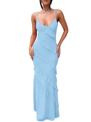 HOCILLE Women's Sexy V Neck Backless Bodycon Spaghetti Strap Elegant Ruffle Maxi Cocktail Party Dresses