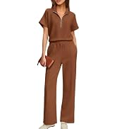 ReachMe Womens 2 Piece Lounge Set Airport Travel Outfit Short Sleeve Half Zip Wide Leg Pants Summ...