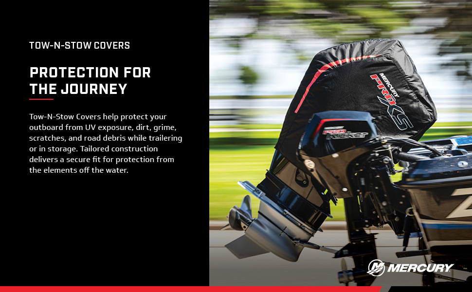 Mercury Tow-N-Stow cover protecting an outboard motor during trailering and storage